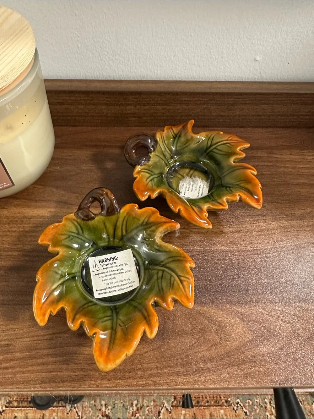 Source Unknown Glossy Ceramic Leaf Tealight Holders in Green and Orange
